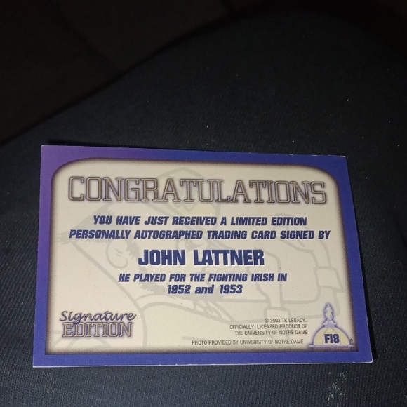 2003 John Lattner Notre Dame Signature Edition Autographed Football Card - Picture 2 of 2